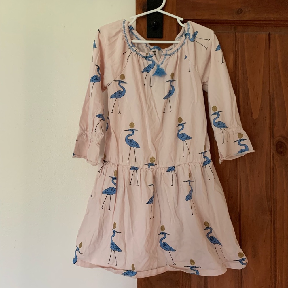 Tea Collection pink dress with blue pelican and gold detail 100%cotton